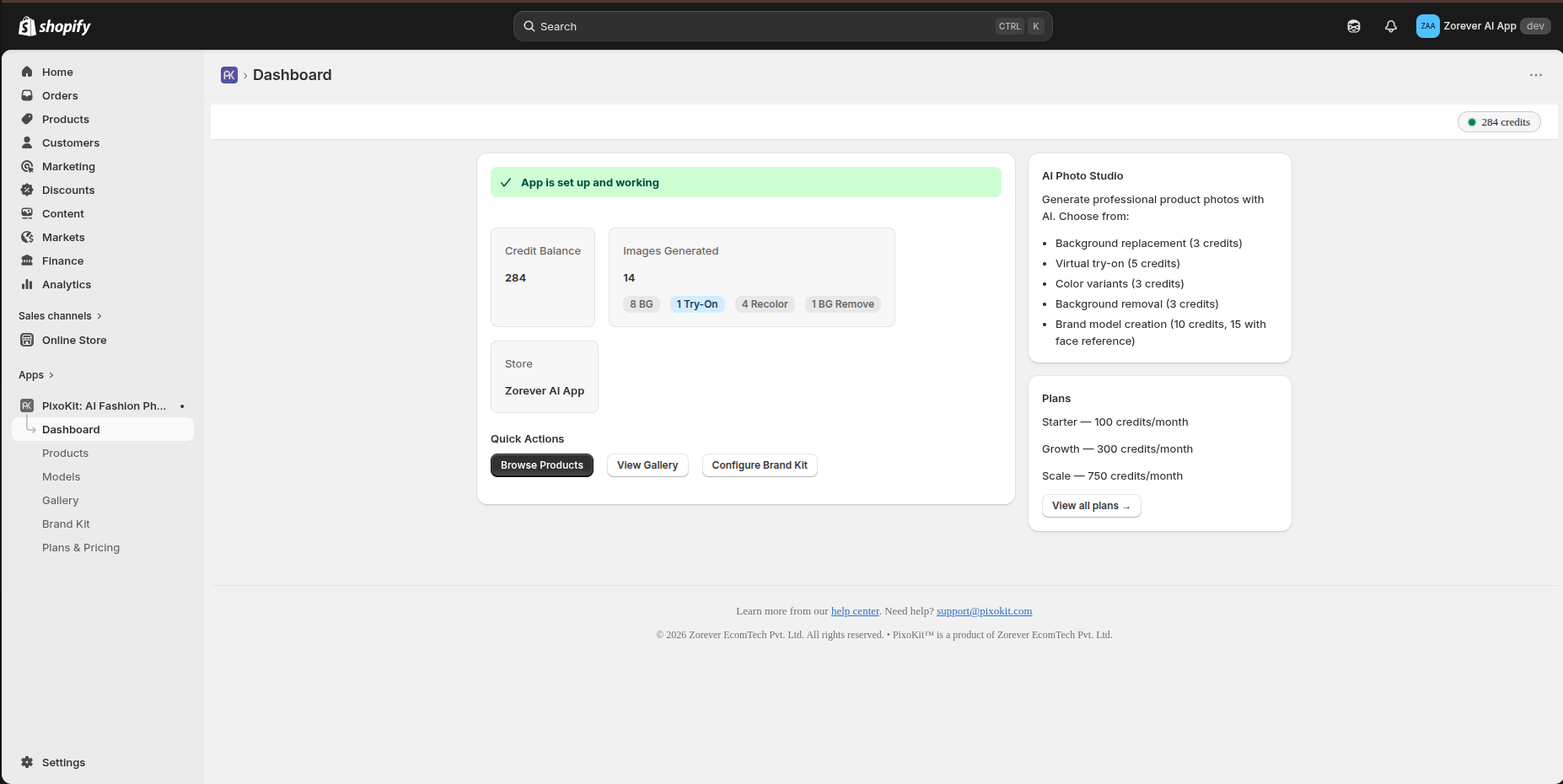 PixoKit dashboard inside Shopify admin — credit balance, generation stats, and quick actions