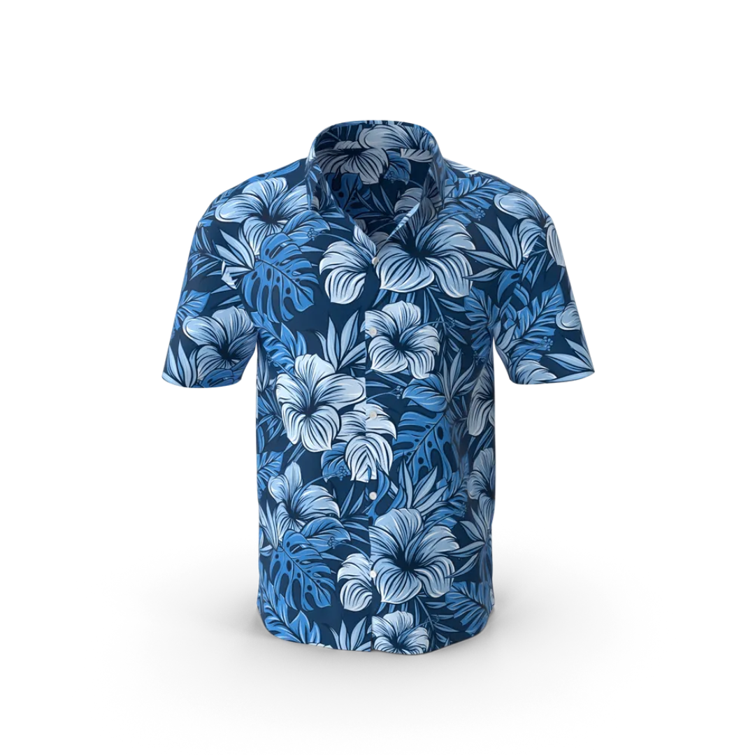 Men's short-sleeve shirt — ghost-mannequin product photo on plain white background