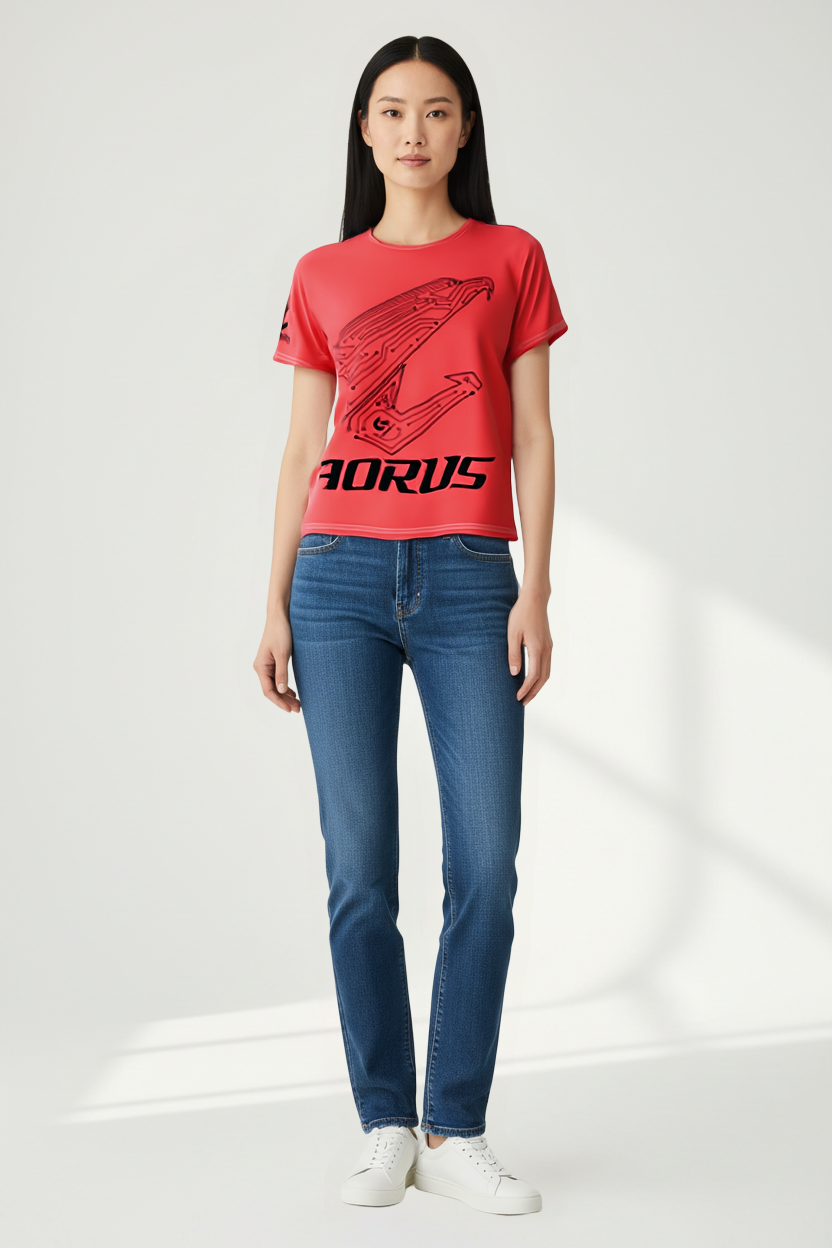 Same red t-shirt worn by AI model